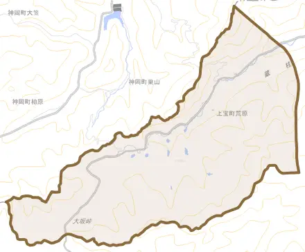 上宝町荒原とその周辺の地図。町の範囲を重ねている