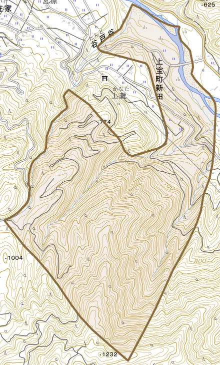 上宝町新田とその周辺の地図。町の範囲を重ねている