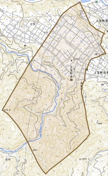 上宝町本郷とその周辺の地図。町の範囲を重ねている