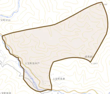 上宝町岩井戸とその周辺の地図。町の範囲を重ねている