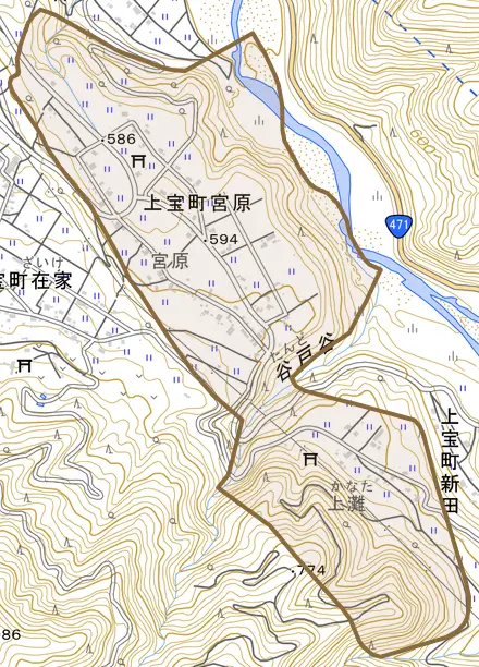上宝町宮原とその周辺の地図。町の範囲を重ねている