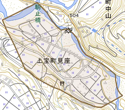 上宝町見座とその周辺の地図。町の範囲を重ねている