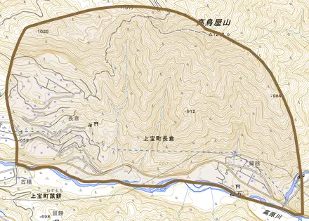 上宝町長倉とその周辺の地図。町の範囲を重ねている