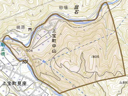 上宝町中山とその周辺の地図。町の範囲を重ねている