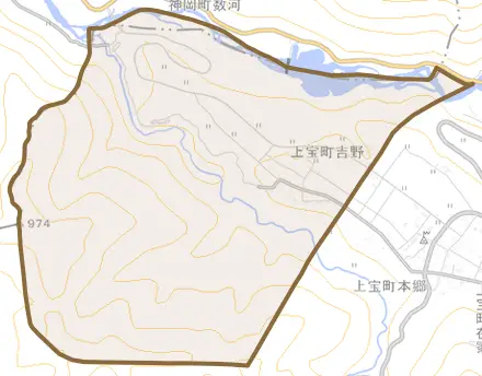 上宝町吉野とその周辺の地図。町の範囲を重ねている