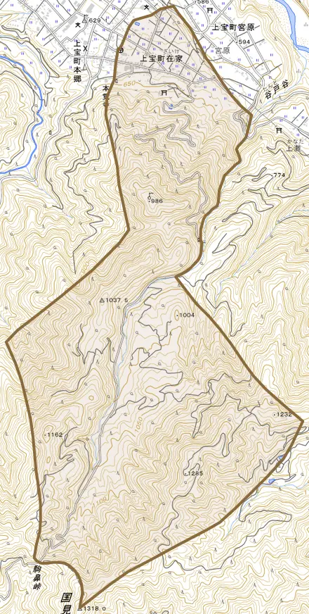 上宝町在家とその周辺の地図。町の範囲を重ねている