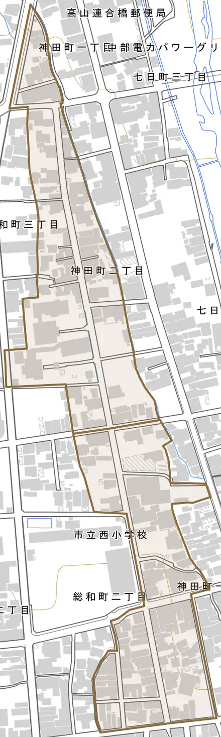 神田町とその周辺の地図。町の範囲を重ねている