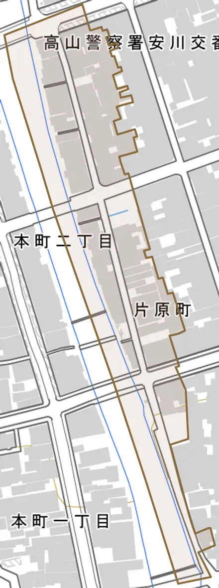 片原町とその周辺の地図。町の範囲を重ねている