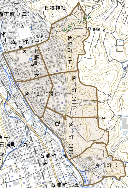 片野町とその周辺の地図。町の範囲を重ねている