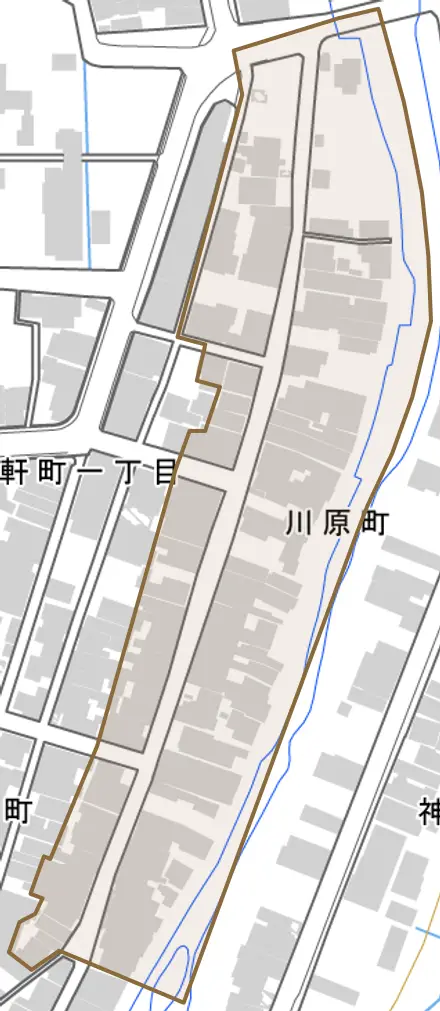 川原町とその周辺の地図。町の範囲を重ねている