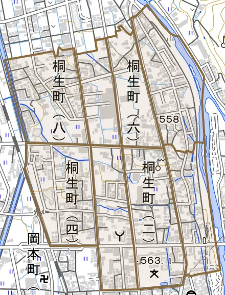 桐生町とその周辺の地図。町の範囲を重ねている