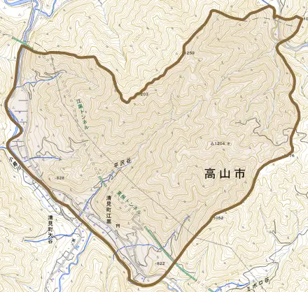清見町江黒とその周辺の地図。町の範囲を重ねている