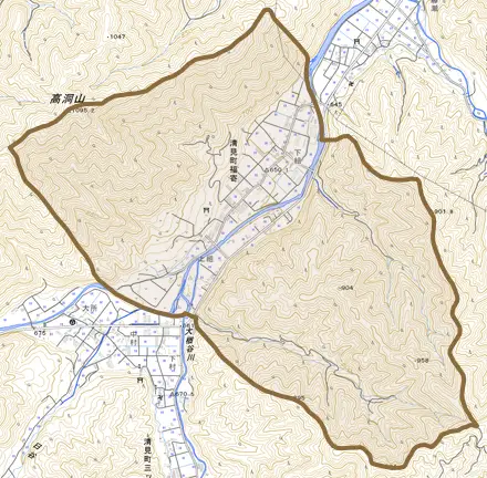 清見町福寄とその周辺の地図。町の範囲を重ねている