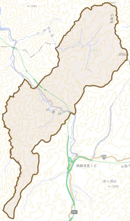 清見町池本とその周辺の地図。町の範囲を重ねている