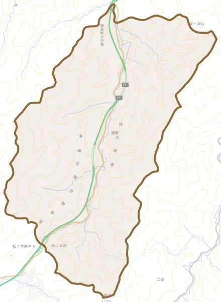 清見町上小鳥とその周辺の地図。町の範囲を重ねている
