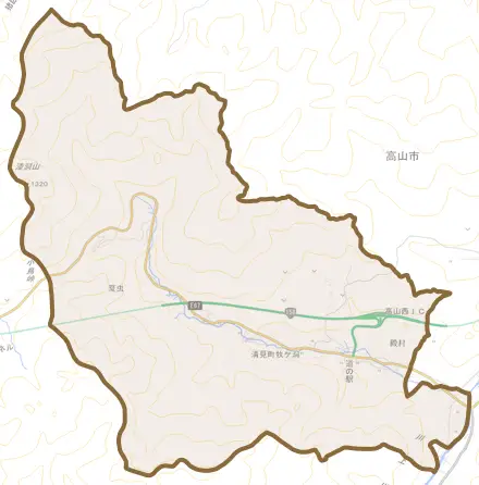 清見町牧ケ洞とその周辺の地図。町の範囲を重ねている