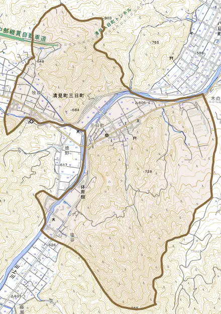 清見町三日町とその周辺の地図。町の範囲を重ねている