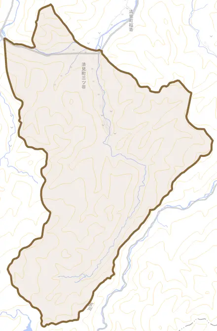 清見町三ツ谷とその周辺の地図。町の範囲を重ねている