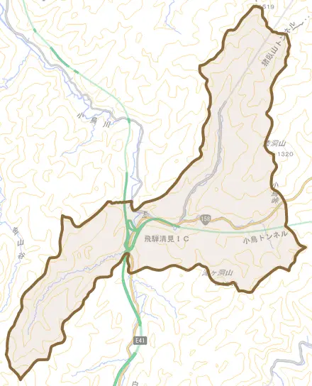清見町夏厩とその周辺の地図。町の範囲を重ねている