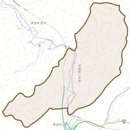清見町二本木とその周辺の地図。町の範囲を重ねている