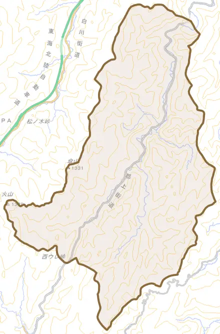 清見町巣野俣とその周辺の地図。町の範囲を重ねている