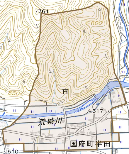国府町半田とその周辺の地図。町の範囲を重ねている