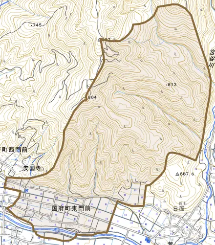 国府町東門前とその周辺の地図。町の範囲を重ねている