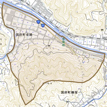 国府町金桶とその周辺の地図。町の範囲を重ねている