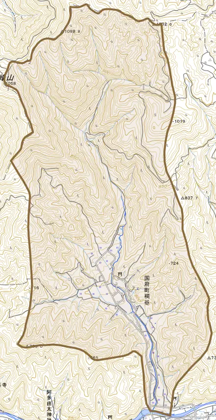 国府町桐谷とその周辺の地図。町の範囲を重ねている