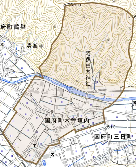 国府町木曽垣内とその周辺の地図。町の範囲を重ねている