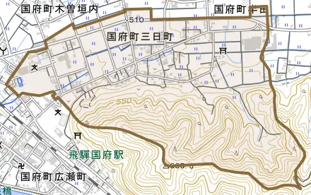 国府町三日町とその周辺の地図。町の範囲を重ねている