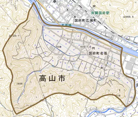 国府町名張とその周辺の地図。町の範囲を重ねている