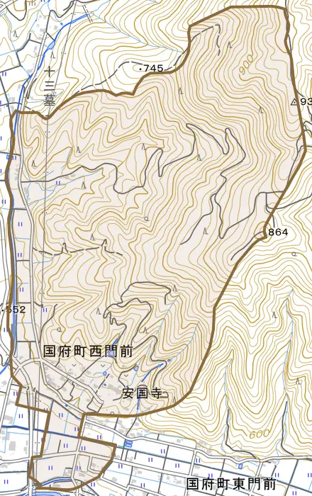 国府町西門前とその周辺の地図。町の範囲を重ねている