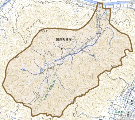 国府町糠塚とその周辺の地図。町の範囲を重ねている