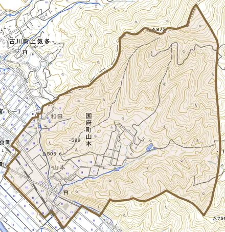 国府町山本とその周辺の地図。町の範囲を重ねている
