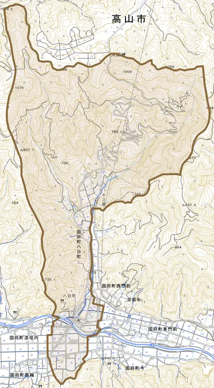 国府町八日町とその周辺の地図。町の範囲を重ねている