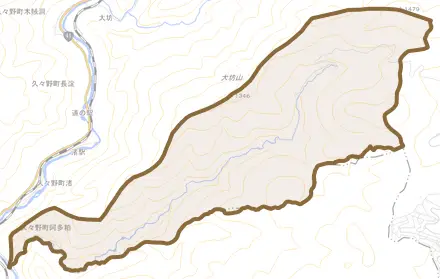 久々野町阿多粕とその周辺の地図。町の範囲を重ねている