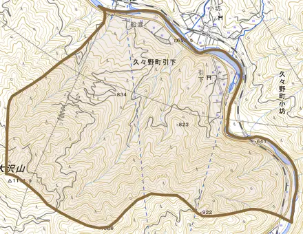 久々野町引下とその周辺の地図。町の範囲を重ねている