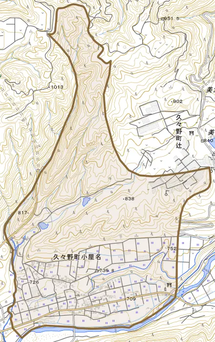 久々野町小屋名とその周辺の地図。町の範囲を重ねている