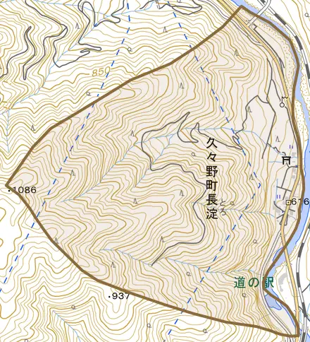 久々野町長淀とその周辺の地図。町の範囲を重ねている