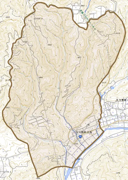 久々野町大西とその周辺の地図。町の範囲を重ねている