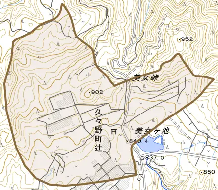 久々野町辻とその周辺の地図。町の範囲を重ねている