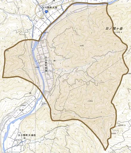 久々野町柳島とその周辺の地図。町の範囲を重ねている
