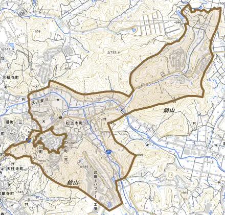 松之木町とその周辺の地図。町の範囲を重ねている