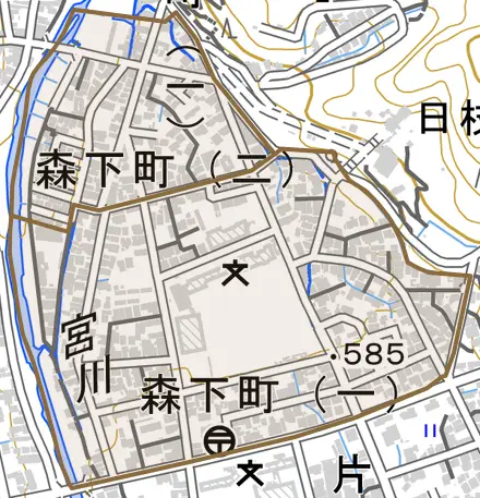 森下町とその周辺の地図。町の範囲を重ねている