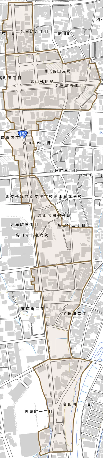 名田町とその周辺の地図。町の範囲を重ねている