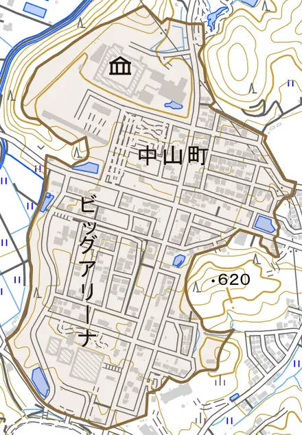 中山町とその周辺の地図。町の範囲を重ねている