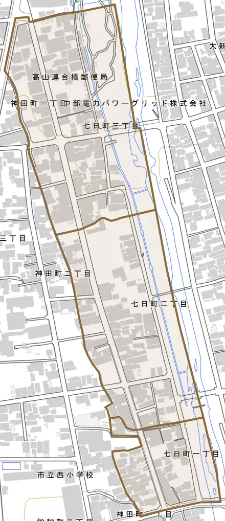 七日町とその周辺の地図。町の範囲を重ねている