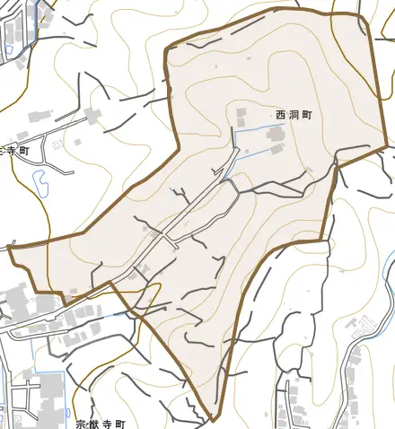 西洞町とその周辺の地図。町の範囲を重ねている