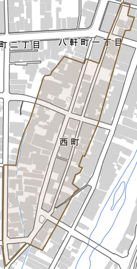 西町とその周辺の地図。町の範囲を重ねている